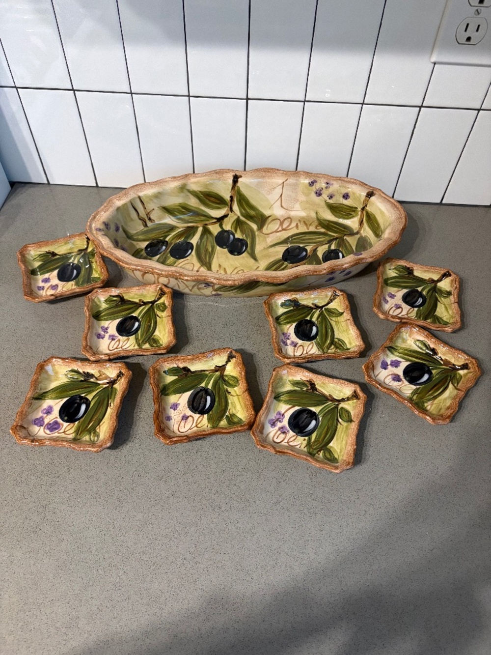 9 piece olive themed bread platter & dipping plates - Tabletops Unlimited